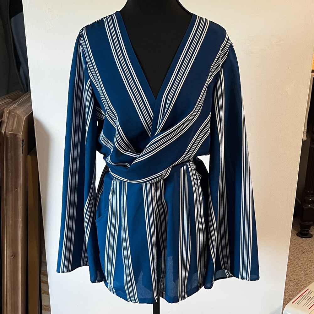 Angie Navy and White Striped Wrap Blouse